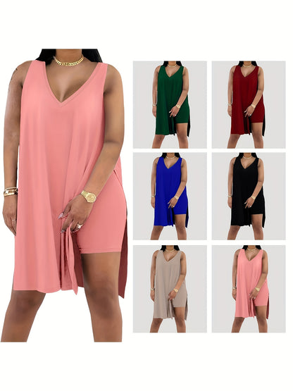 Women's 2pcs Set - Casual V-Neck Short Sleeve Top with Side Slit And Drawstring Leggings, Comfortable Polyester Sweatshirt for Casual, Casual | V-Neck Tops | Unlined Clothing, Labeled Garments