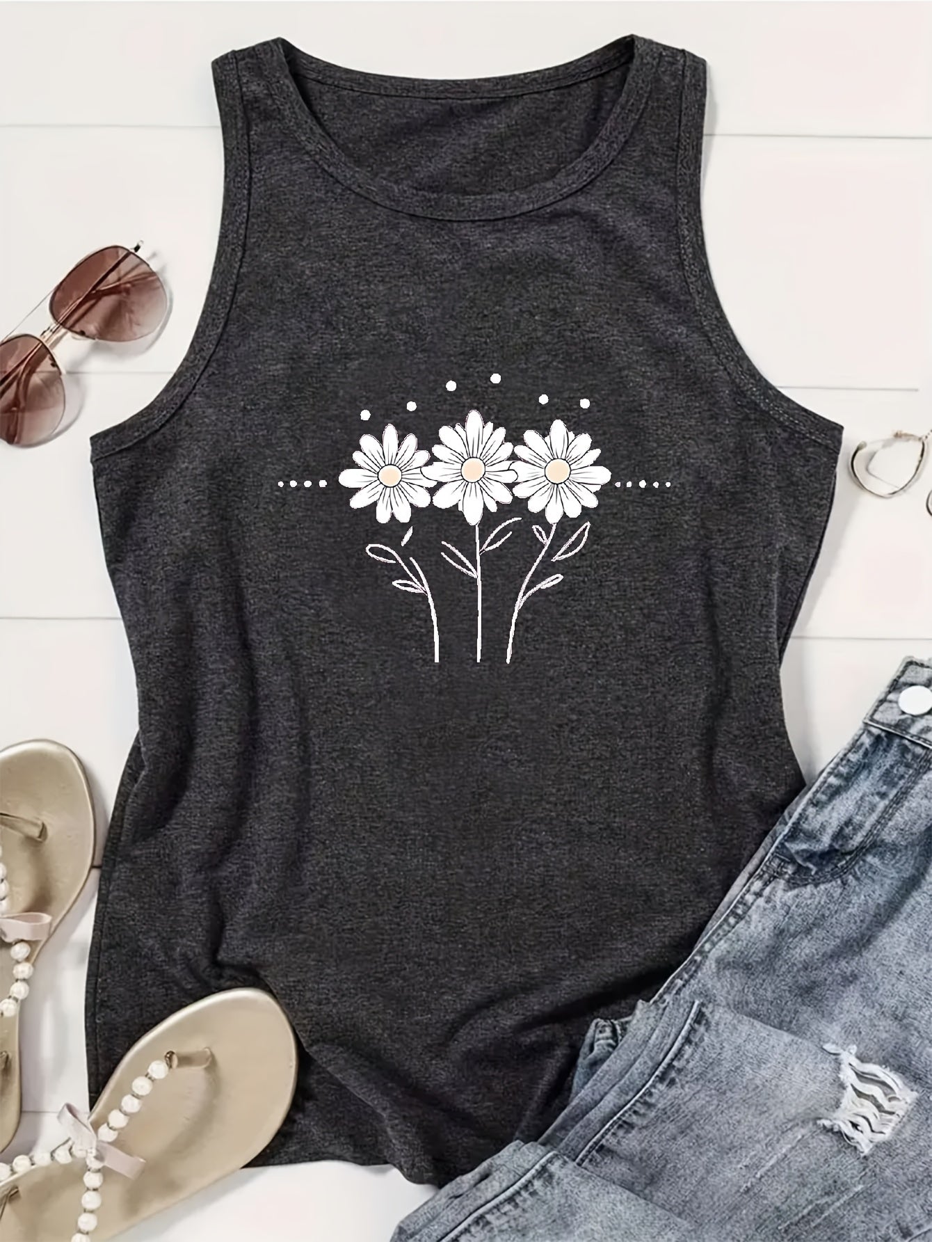 [Lightweight Summer Tops] Flower Pattern Print Crew-Neck Vest, Casual Sleeveless Women's Tops, Lightweight And Breathable, Suitable For Summer And Spring, Women's Clothing