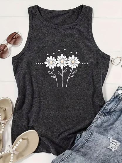 [Lightweight Summer Tops] Flower Pattern Print Crew-Neck Vest, Casual Sleeveless Women's Tops, Lightweight And Breathable, Suitable For Summer And Spring, Women's Clothing