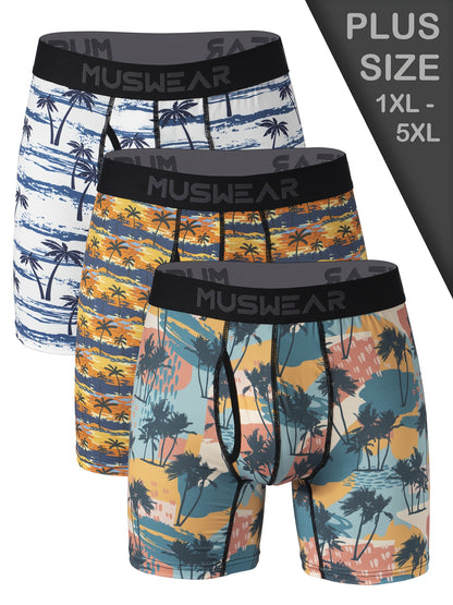 3pcs Men's Plus Size Boxer Briefs - Tropical Beach Swim Trunks with Coconut Tree & Sunset Print, Double-Sided Brushed Underwear for Extended Coverage, Elastic Waistband - Ideal for Vacation & Casual Attire (Machine Washable) - Ideal Gift for Him, Comforta