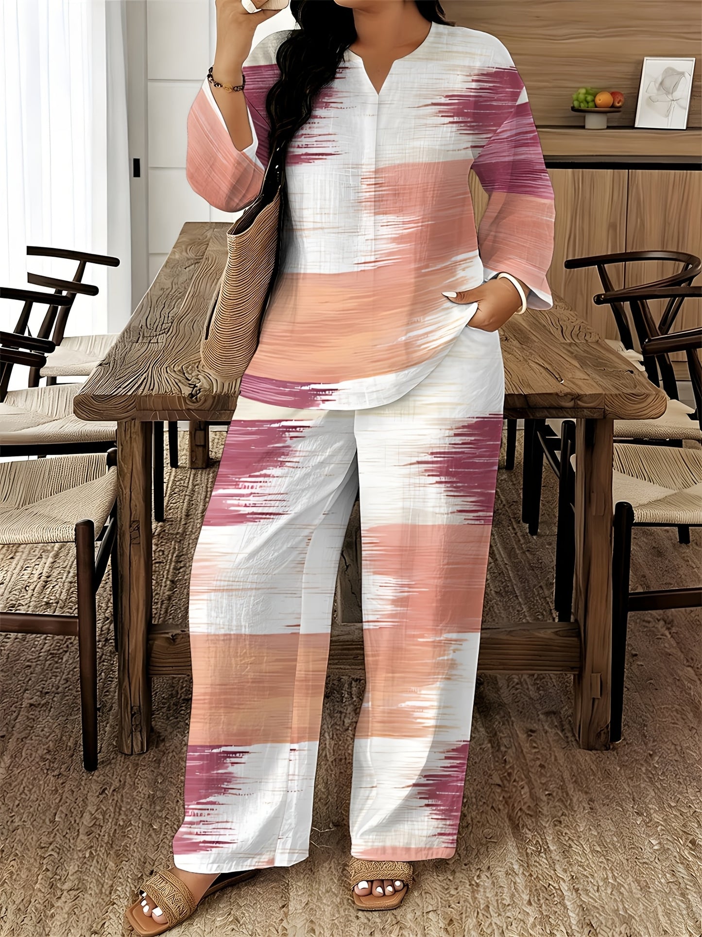 2026 New Women's Standard Size Long Sleeved Pants 2pcs Set, Set, Spring And Summer New V-Neck Long Sleeved Shirt Printed Elastic Waistband Pants 2pcs Set, Digital Printing Machine Washable Fabric, Elegant And Comfortable