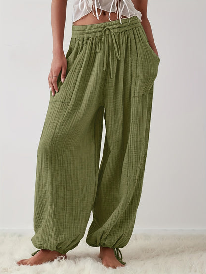 Spring And Summer Women's Casual Pants, Khaki, Pocket, Wide Leg, Tie, Loose, Daily Commuting Wide Leg Pants Womens Summer Clothes