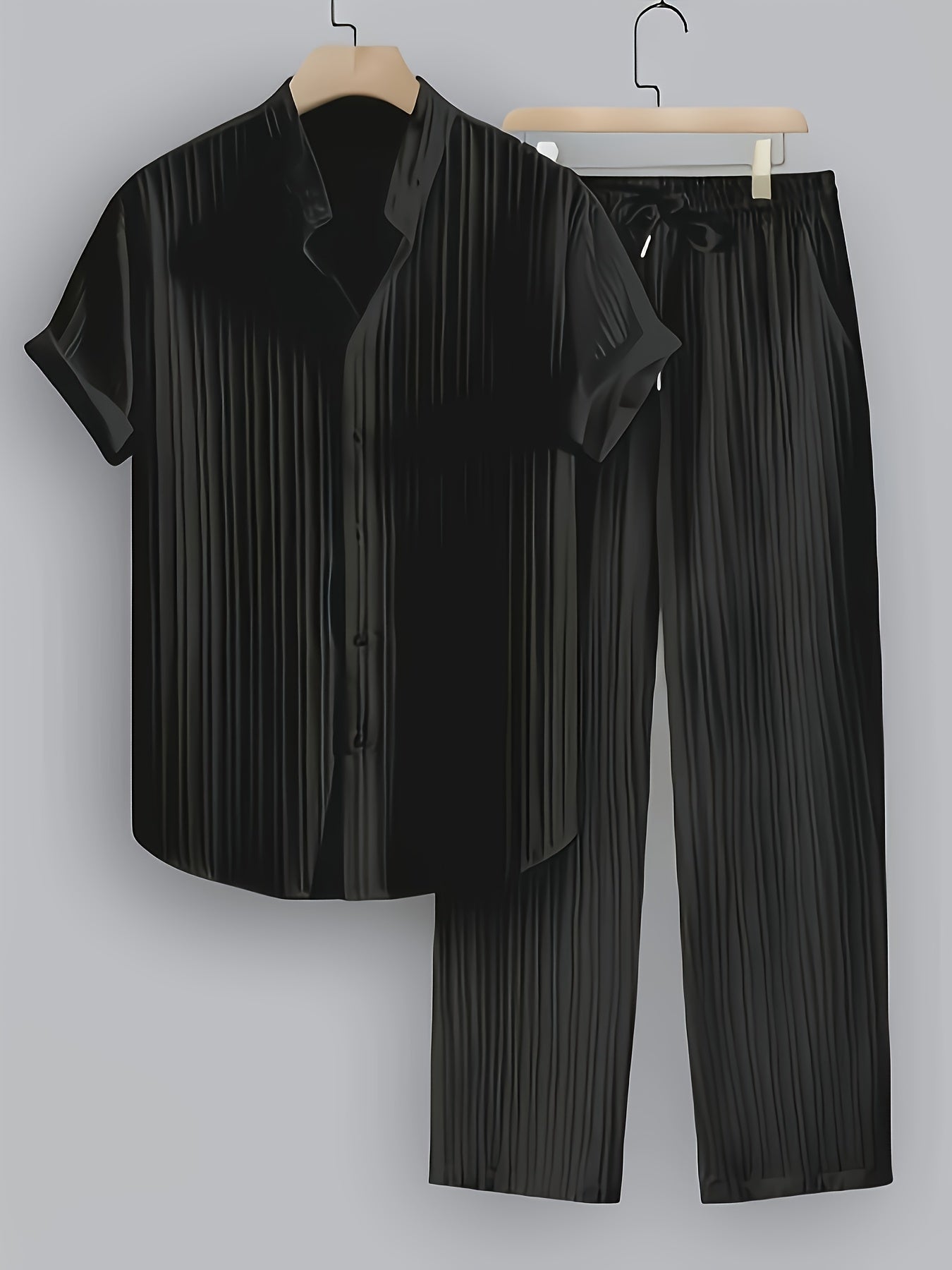 Men's 2pcs Striped Shirt and Trousers Set, Regular Fit, Casual and Comfortable, Striped Short-sleeve Shirt, Button- Lapel Shirt, Suitable for Daily Wear and Beach Vacations