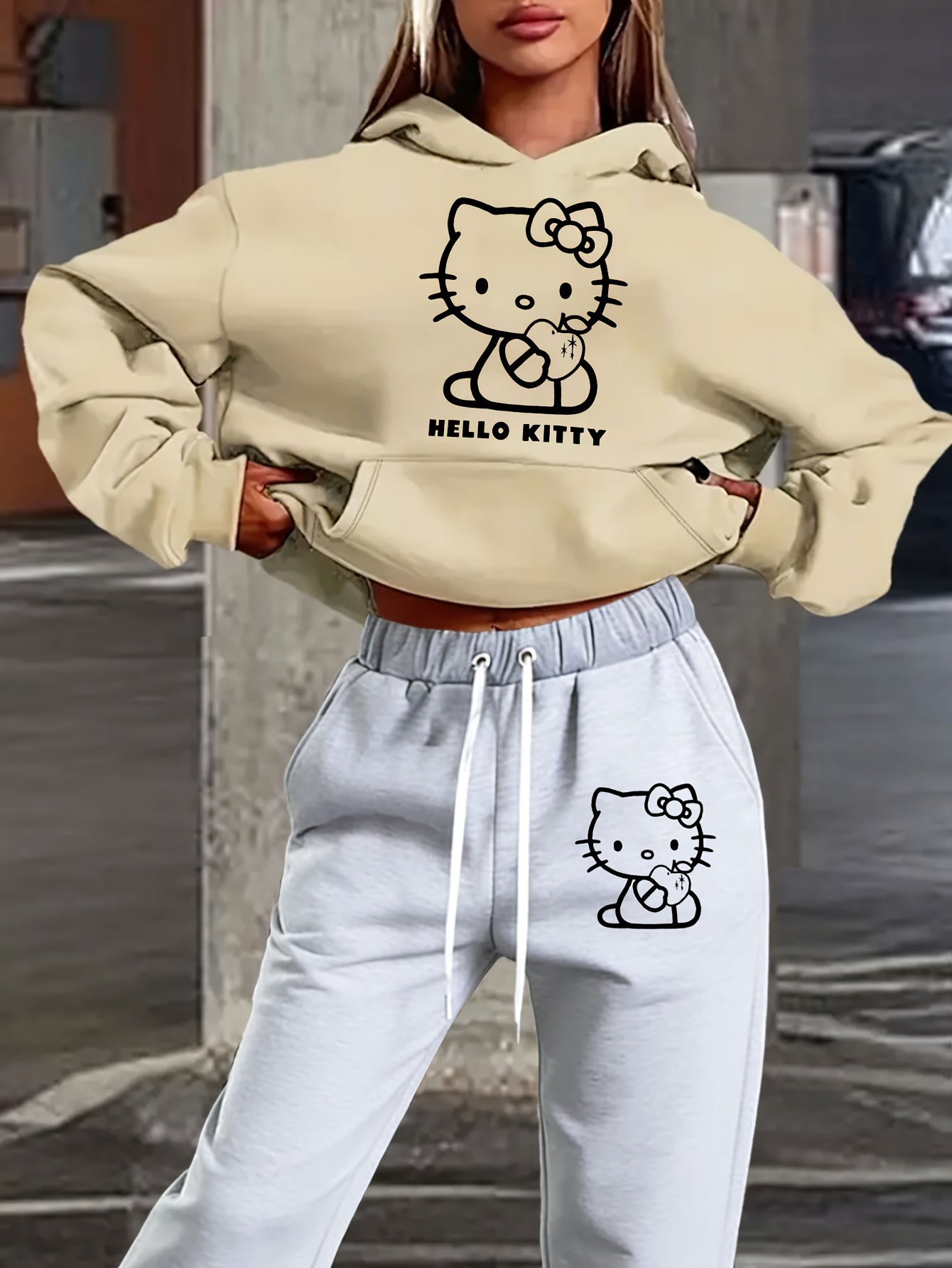 Women's Autumn and Winter Fashion Casual Sweater Casual Pants 2pcs Set, Printed with Sanrio Hello Kitty Pattern Print Design, Women's Casual Pants Set, Fashion Hooded Sweater + Drawstring Trousers 2pcs Set, Loose Version
