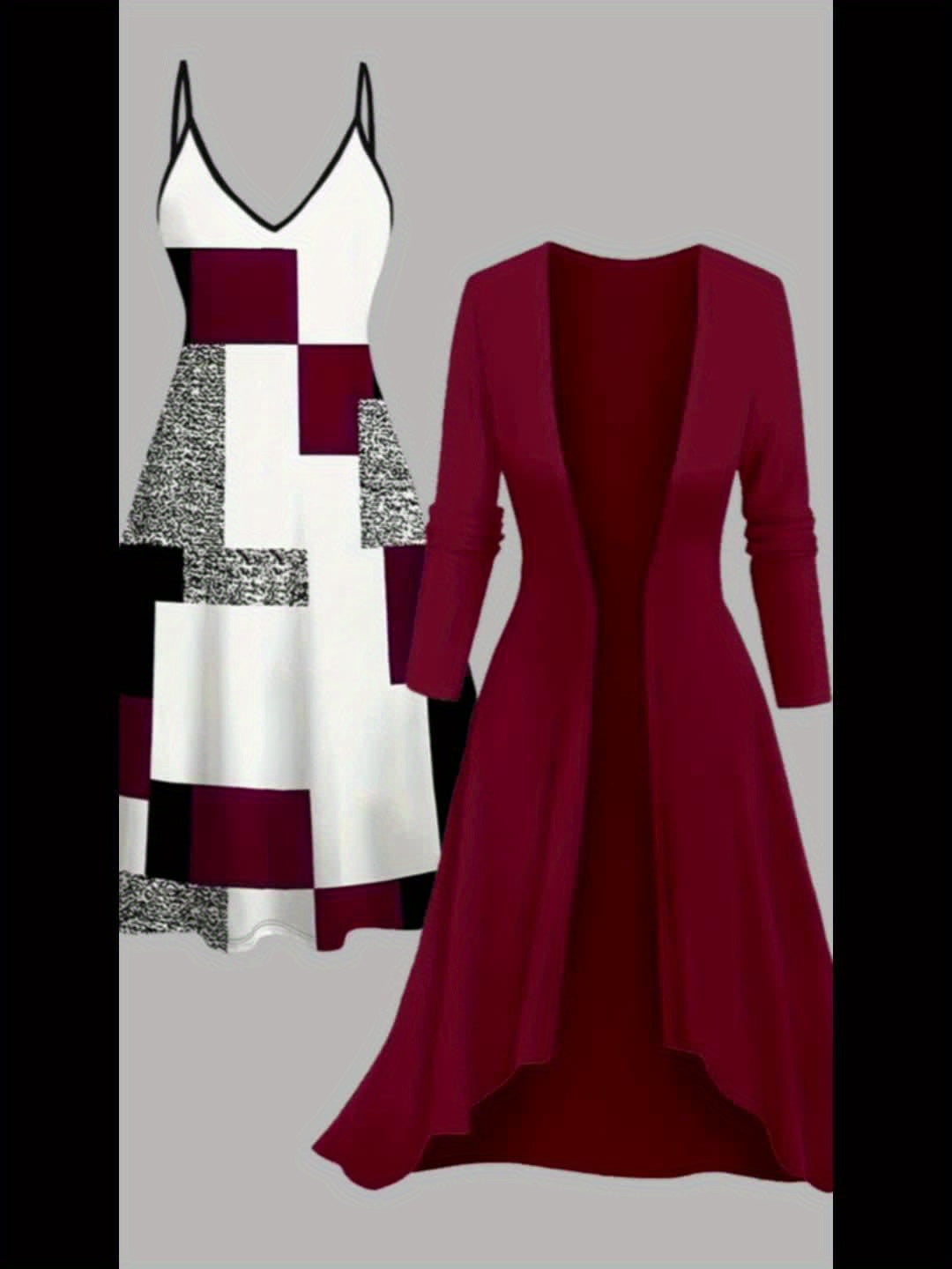 Two-piece dress set: simple and fashionable printed dress and solid color long coat, elegant two-piece set
