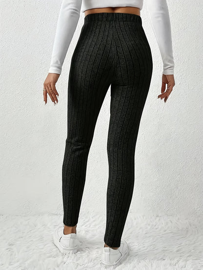 Women'S High - Waist Ribbed Leggings - Stretchy Slim Fit, Drawstring Detail, Casual Solid Color Pants for All Seasons