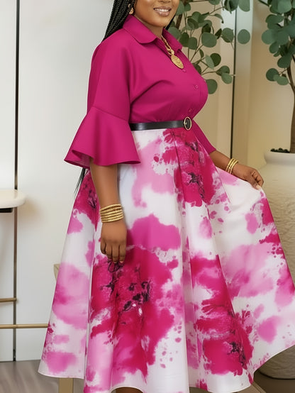Plus Size - Plus Size Women'S Spring/Summer Flared-Sleeve Waist-Adjusted Printed Dress | Fashion Color-Block Design Showcasing Vibrant Temperament, Ideal for Daily Outings & Light Social Occasions, Creating Exquisite Eye-Catching Looks