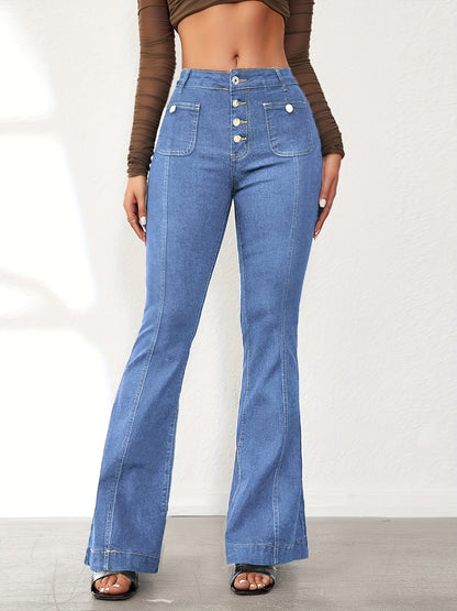 [Stretchy Denim Bell Bottom] High Waisted Wide Leg Stretchy Denim Pants - Women's Flare Bell Bottom Jeans