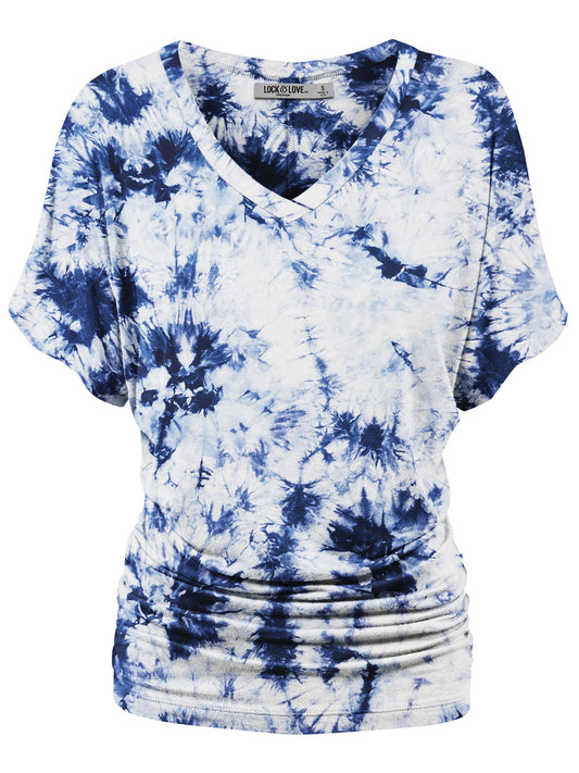 Women's Short Sleeve V Neck Tie-Dye Dolman Top w/Side Shirring