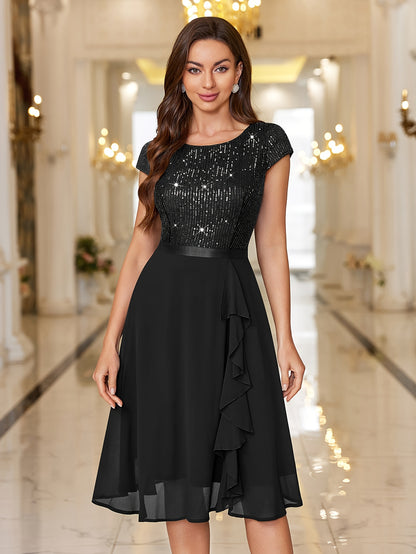 Y82016 Elegant Women's Glitter Sequin Chiffon A-Line Bridesmaid Dress with Cap Sleeves & Ruffled Hem - Sparkling Wedding Party Dress for Bridesmaids, Prom, Birthday, Formal Evening Gown - Machine Washable Chiffon