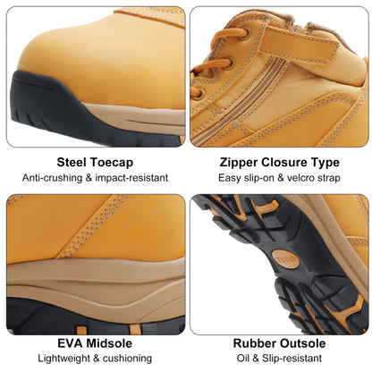Men's Work Boots, YKK Zipper, Steel Toe Shoes, Anti-Slip Rubber Sole, Genuine Leather Upper, Puncture-Proof(OX2519)