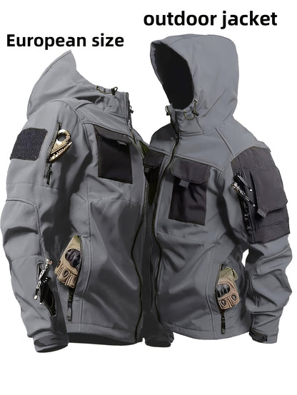 Men's Tactical Jacket Outdoor Zippered Shell Jacket, Windproof, Scratch Resistant, Warm Hooded Jacket, Suitable for Outdoor Activities, Ripstop Technology, Multiple Utility Pockets - Non-Stretch Outdoor Gear for Camping, Survival, Tactical Training.