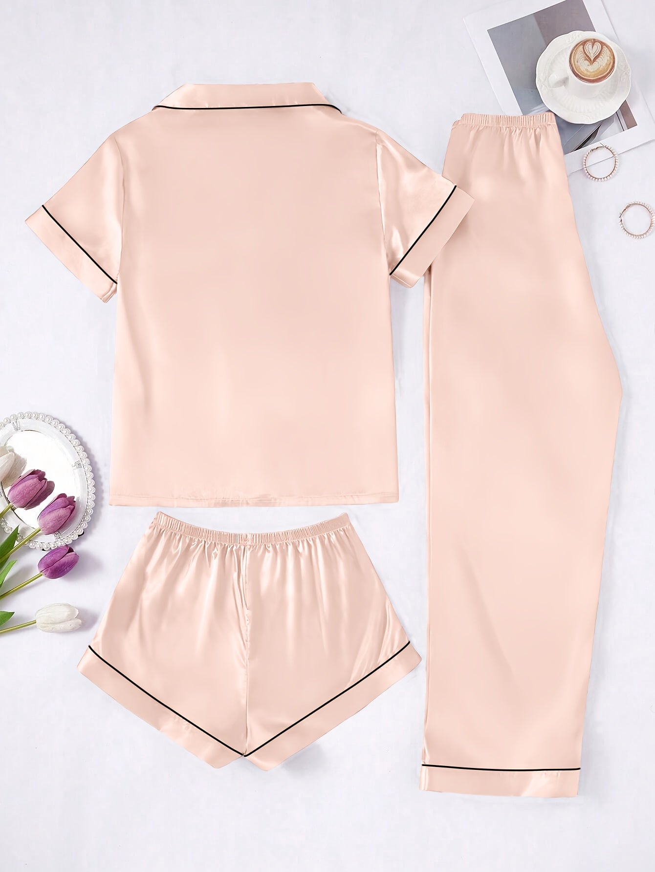 Solid Color Women'S Simple And Comfortable 3pcs Pajama Set, Includes 3pcss: Collared Short-Sleeve Top & Elastic Waist Shorts & Elastic Waist Long Pants Women'S Pajama Set