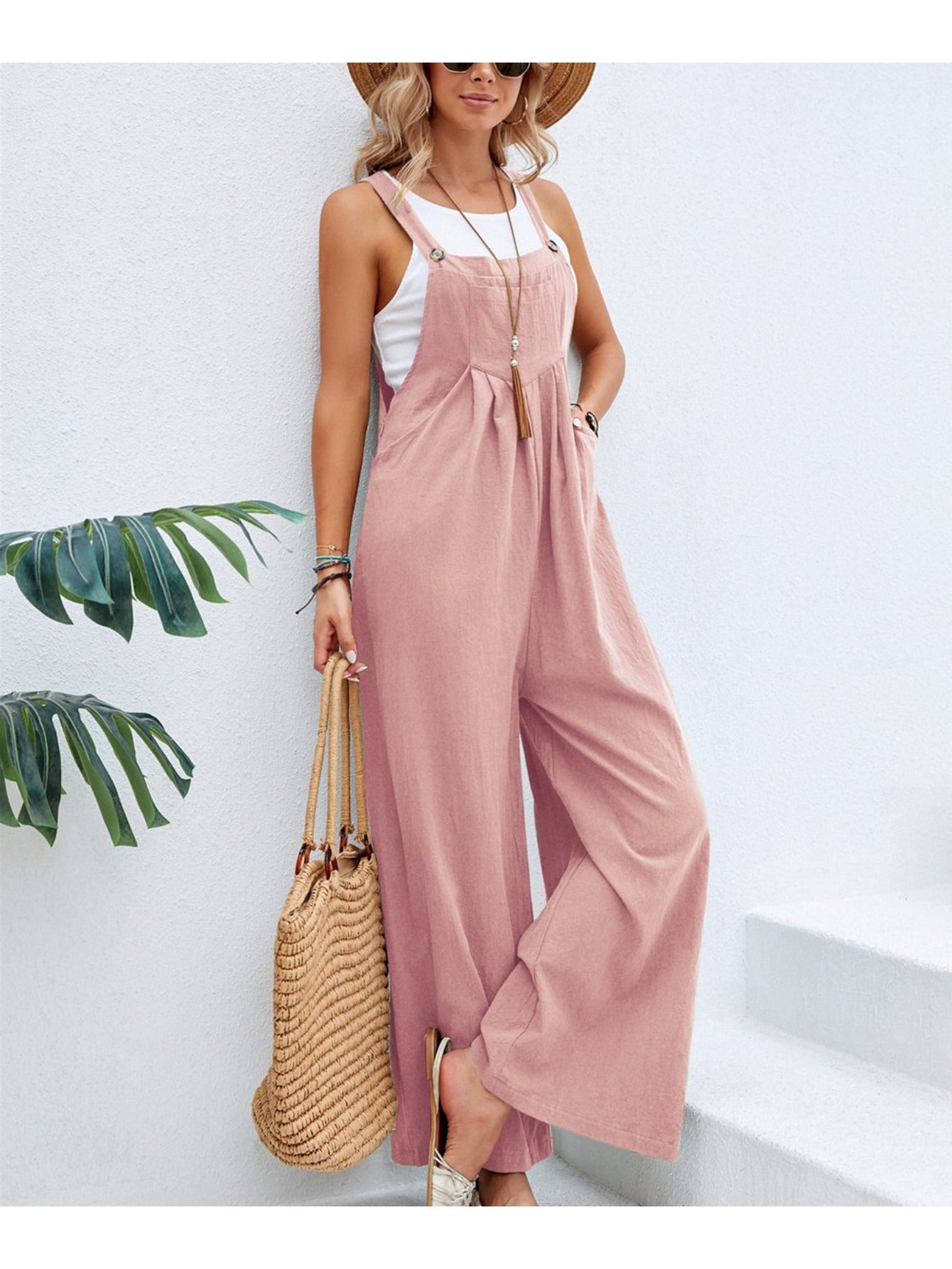 Retro Style Women'S Jumpsuit with Wide Legs, Mid-Rise Solid Color Overalls for Casual Daily Wear, Effortless Boho Chic One-Piece Pants