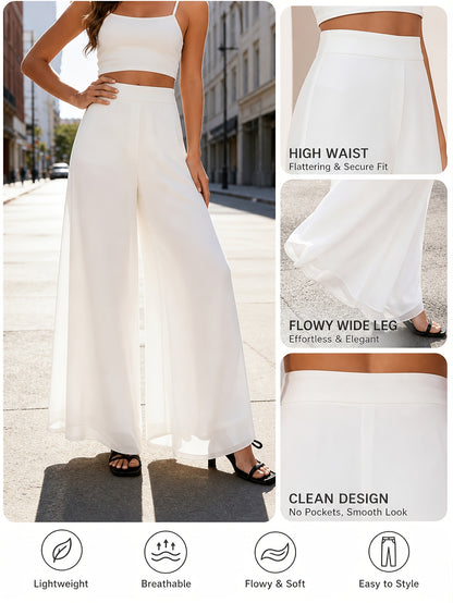 Women'S High Waist Wide Leg Yoga Pants, Flowy Elastic Waist Palazzo Pants, Breathable Lightweight Straight Leg Pants, Summer Cool Draping Floor-Length Pants, Comfortable Loose Pants for Work Travel And Sports