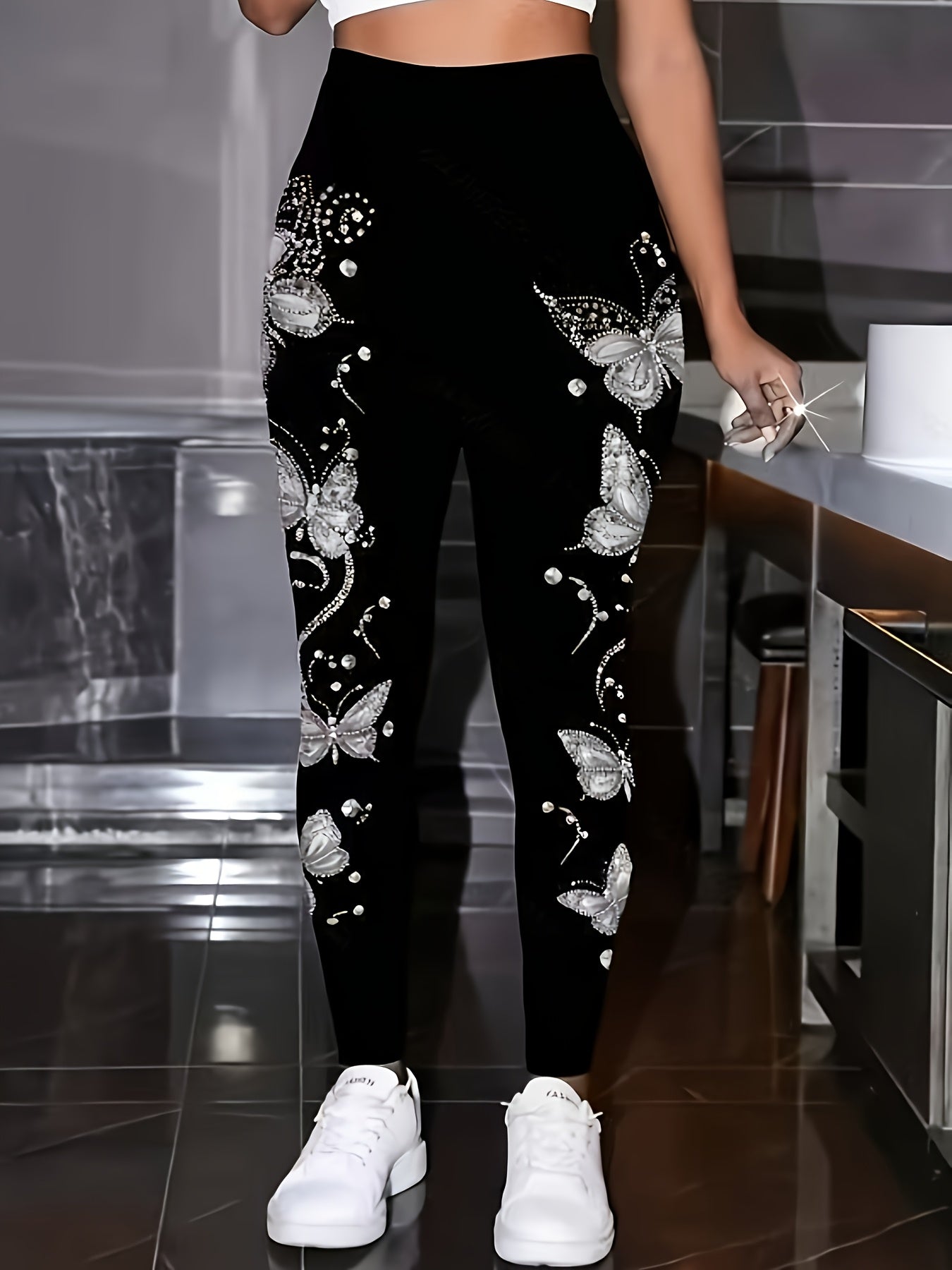 Plus Size, Plus Size - Women's Plus Size Elegant Pants - Stretchy Non - See - Through Leggings with Black & Pink Butterfly Print, All-Season Formal & Casual Pants for Everyday, Parties, Office - Non-Transparent Trousers for Women.
