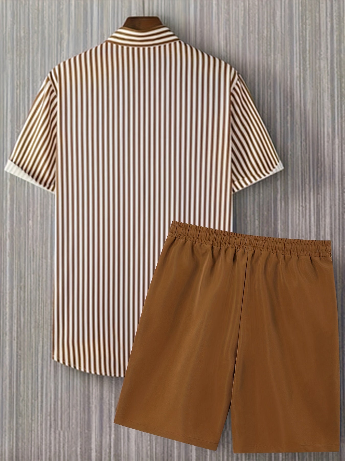 2pcs Men'S Casual Summer Outfit Set, Striped Short Sleeve Button Up Lapel Shirt Top & Solid Drawstring Shorts With Pockets For Casual Daily Wear And Holiday Resorts