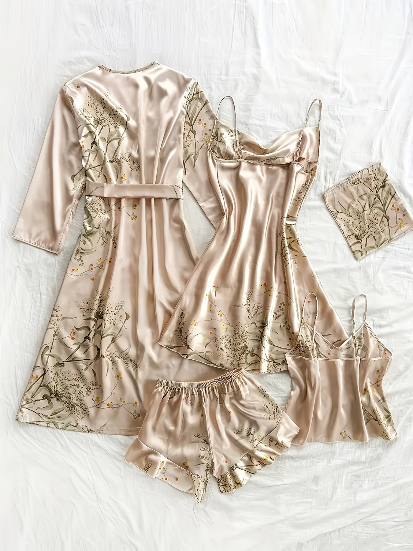 Women'S Printed Pajamas Set - Set (Including Robe, Short Suspender, Shorts And Skirt), Cherry Printed Pajamas, Loose, Soft And Comfortable