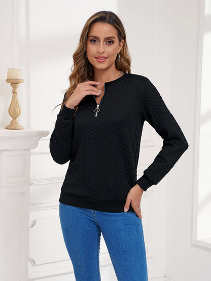 European And American Women's Fashionable Embossed Pullover Hoodie, Zipper Autumn And Winter Casual Long Sleeved Textured Top, Solid Color Long Sleeved Sportswear, Women's Clothing