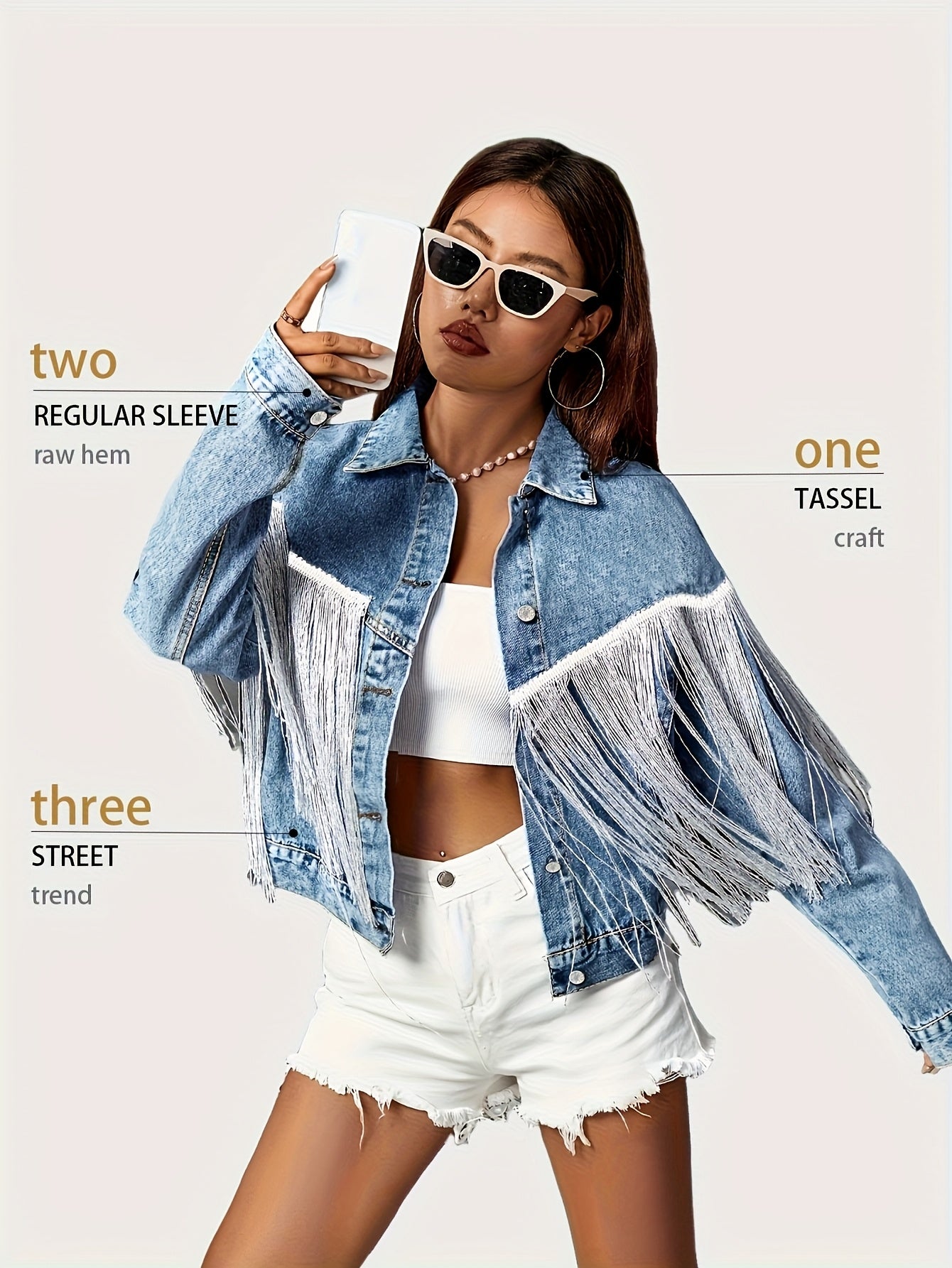 [Denim Jacket] Fringe Patchwork Decor Denim Jacket, Long Sleeves Single Breasted Button Lapel Denim Coat, Women's Denim Clothing - Perfect for Carnaval Music Festival