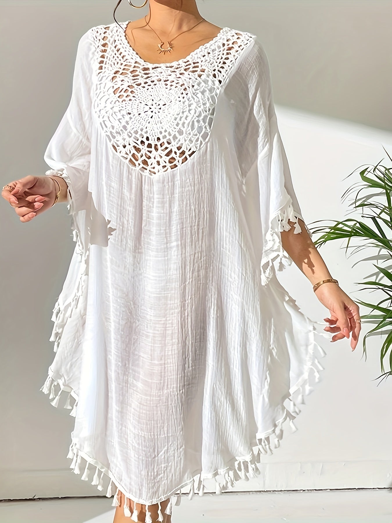 Women's Sexy Crochet Batwing Sleeve Tassel Hem Top - Black Hollow Out Design, Resort Wear Beach Cover-Up, Lightweight Polyester, Perfect for Spring & Summer