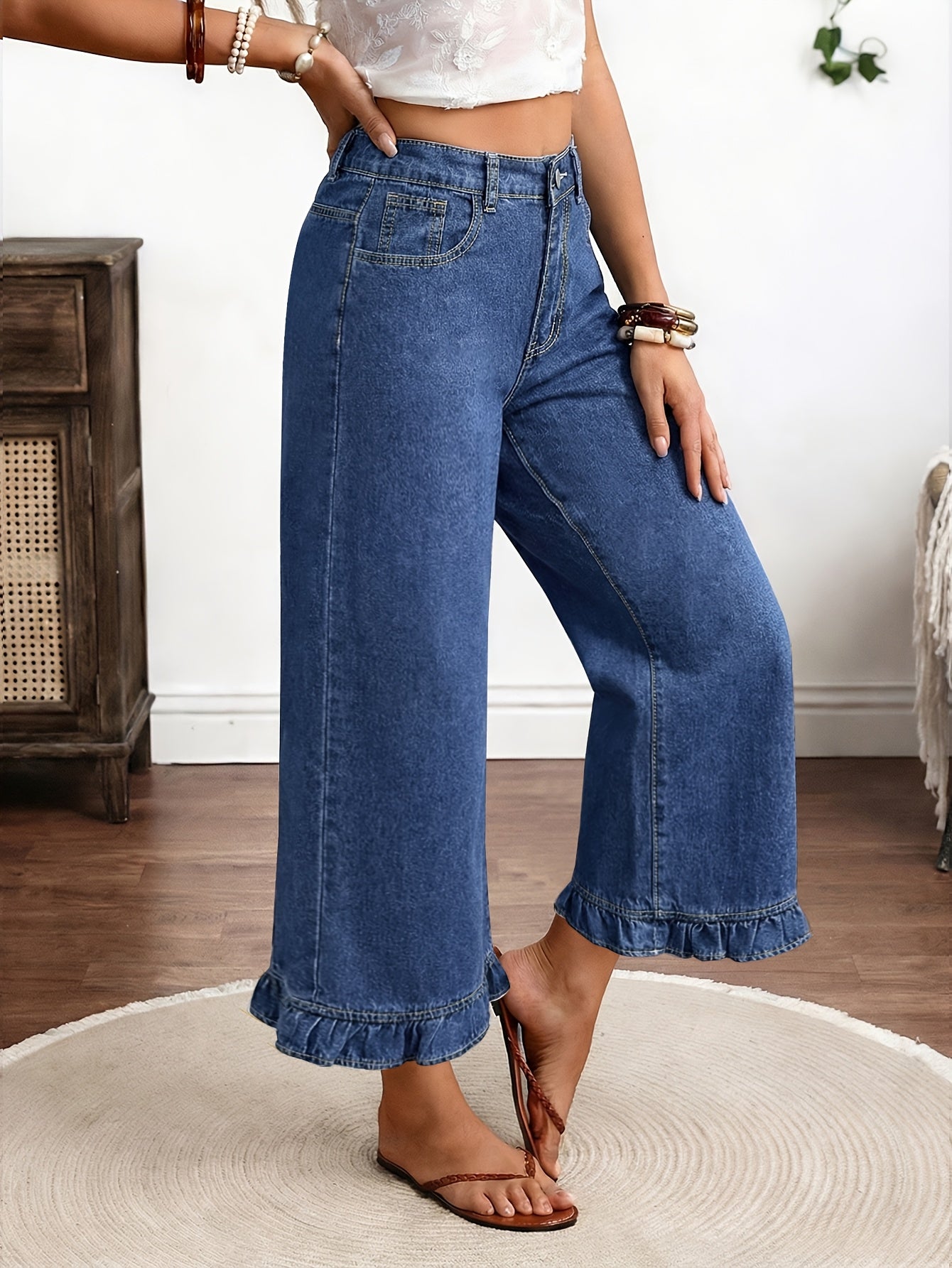 Women's Capri Pants, Long-length Denim Jeans with an Elastic Waistband, Ruffled Hems, Loose and Comfortable Fit, Solid Blue Color, High-waisted Straight-leg Style, with Pockets, Elegant, Mature, Fashionable, Casual, and Versatile, Suitable for Spring