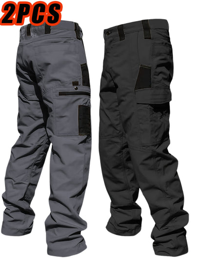 2pcs Men'S Tactical Work Pants with Spacious Multi-Pocket Design & Durable Ripstop Fabric, Outdoor Pants for Camping, Climbing, Fishing, Hunting, Straight-Leg Fit with Belt Loops, Rugged Style, All-Season Pants