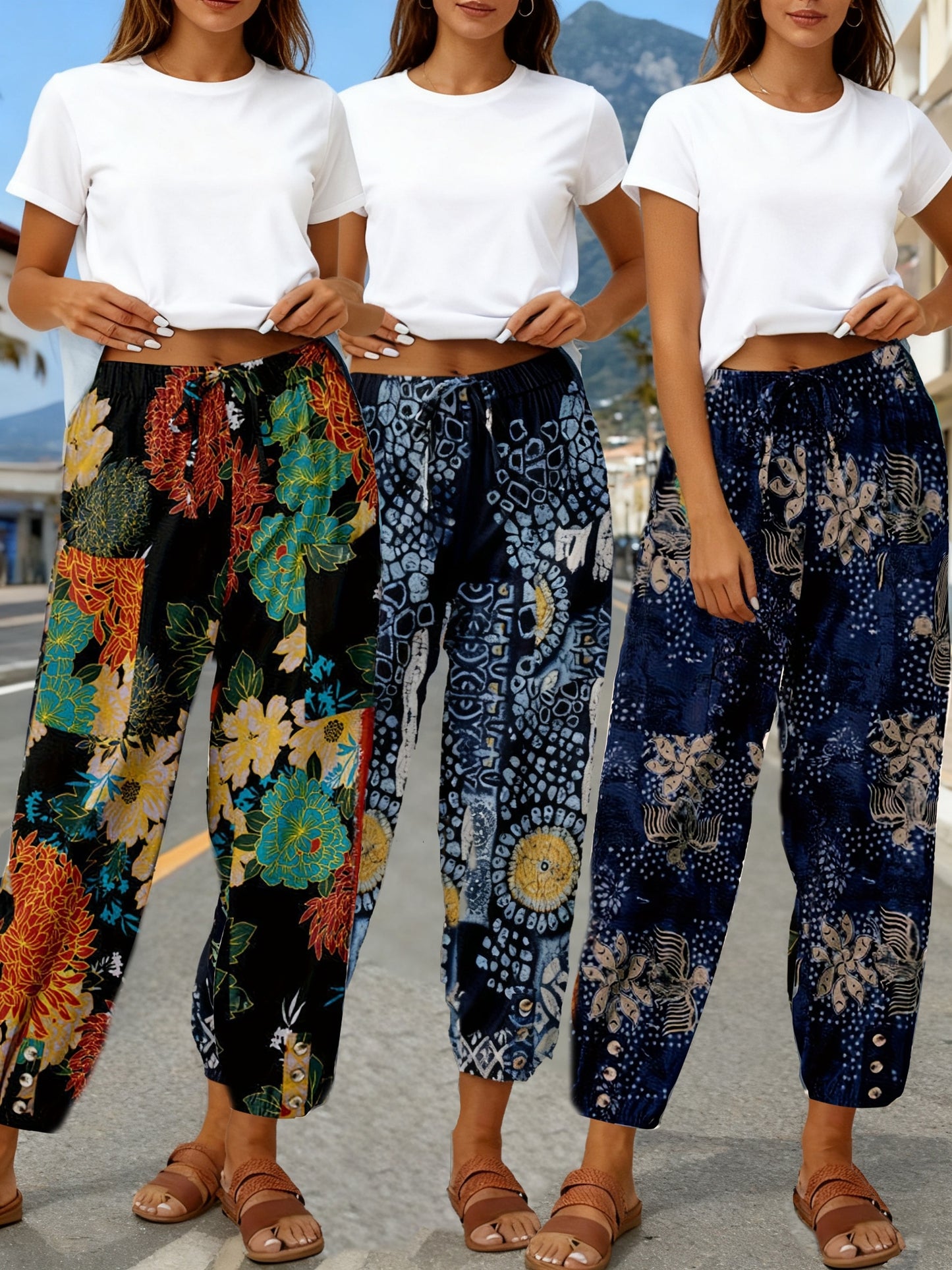 FOEIERAA 3pcs Women's High Waist Jogger Pants, Elastic Waist Retro Print, Loose Comfortable Casual Trousers for Outdoor Commute