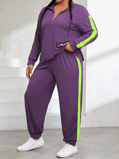 Plus Size, Plus Size Women's Spring And Autumn Contrast Color Casual Suit, Half Zip Pullover Long Sleeve Top And Trousers Two-Piece Set