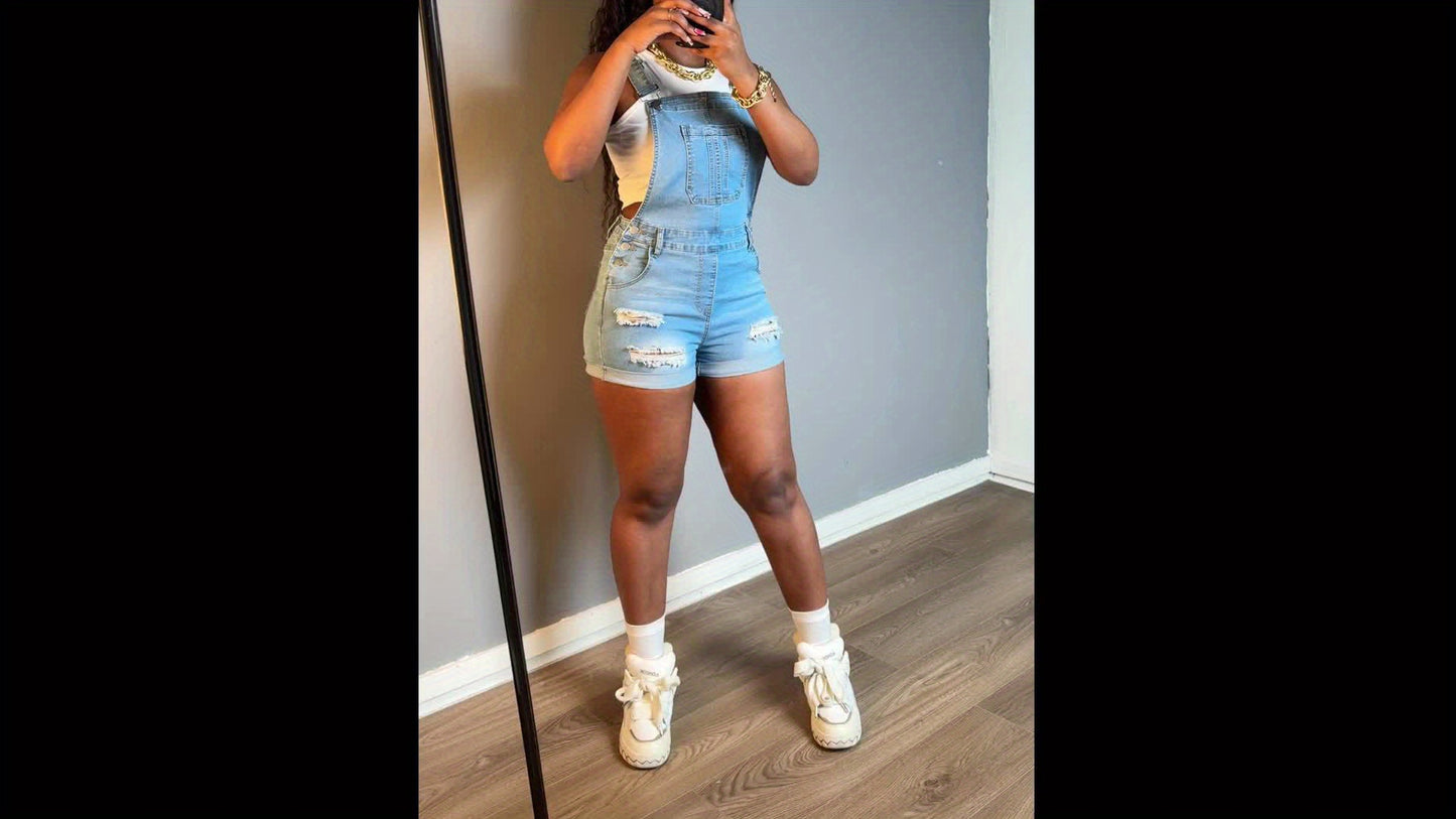 Women Ripped Solid Color Slim-Fit Jeans Casual Buttons Trim Denim Shorts Overall Pocket Sleeveless Denim Romper Women's Wear