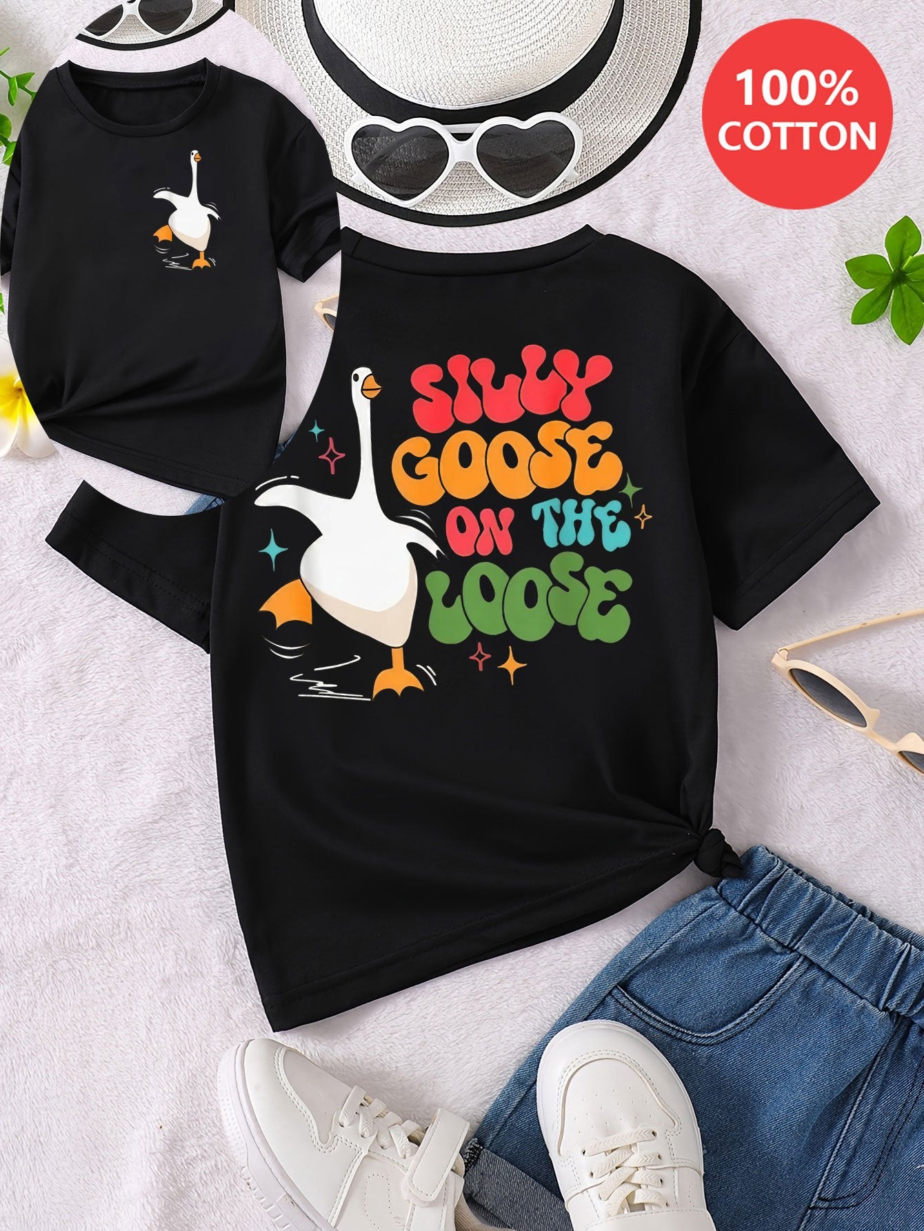 1pc GOURD DOLL Girls' Casual Cotton T-Shirt, "Silly Goose On The Loose" Lettering & Cartoon Animal Print, Crew Neck, Short Sleeve, Asymmetrical Hem, Summer Knit Top, GOURD DOLL