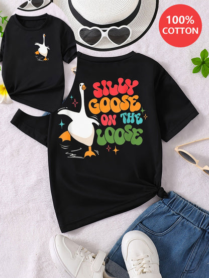1pc GOURD DOLL Girls' Casual Cotton T-Shirt, "Silly Goose On The Loose" Lettering & Cartoon Animal Print, Crew Neck, Short Sleeve, Asymmetrical Hem, Summer Knit Top, GOURD DOLL