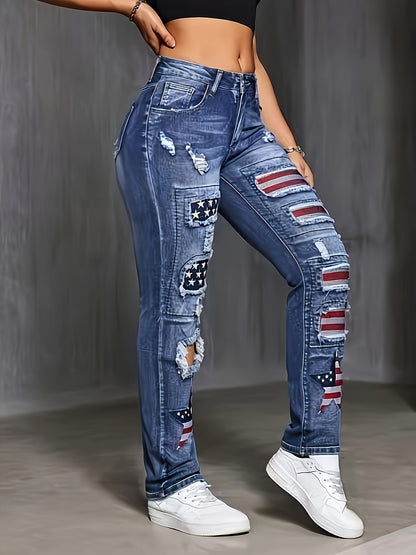 Women's Jeans with Star Embroidery, Ripped Holes, Personality, Versatile for All Seasons, Elastic Street Style Denim Straight Leg Pants