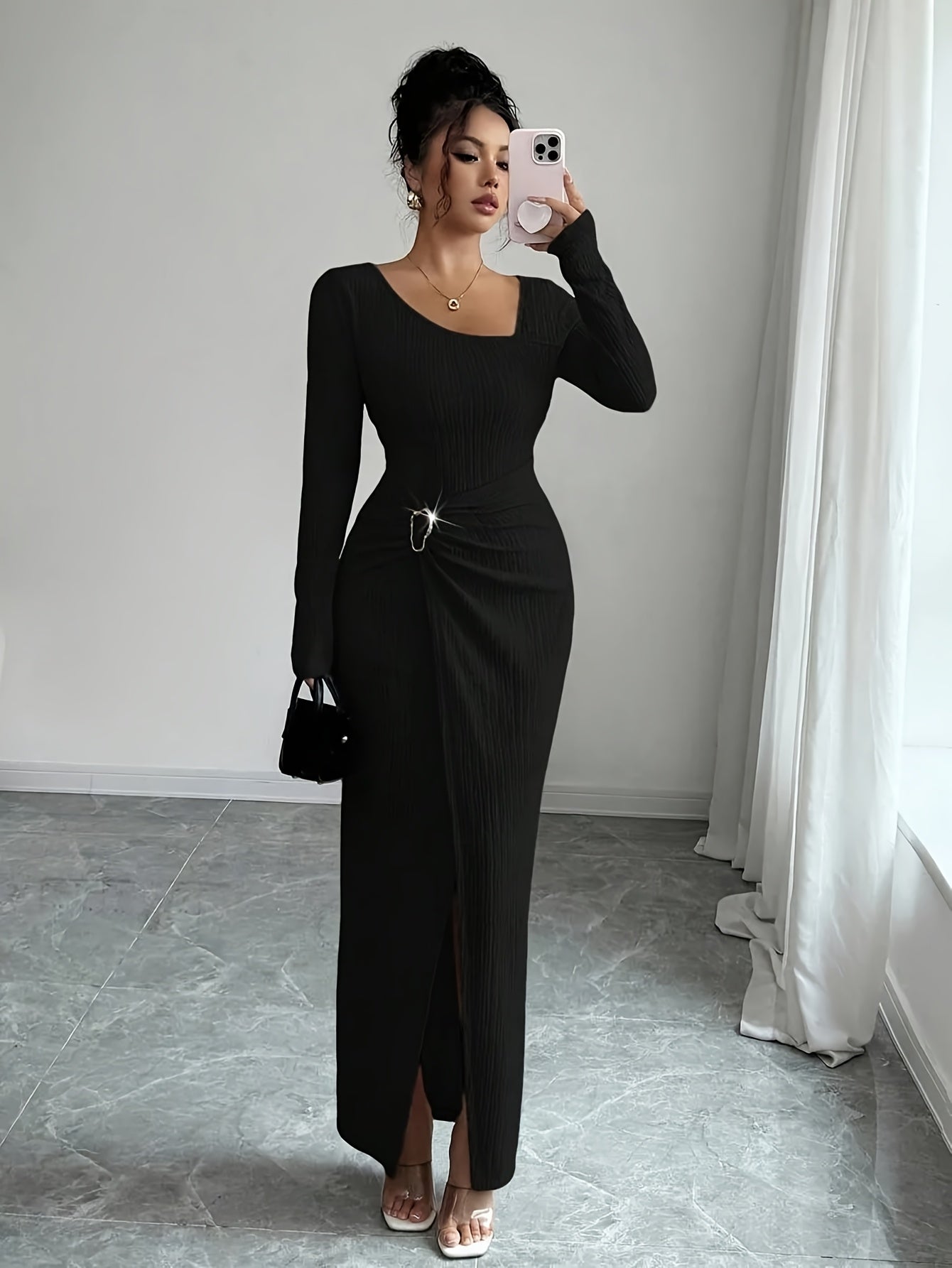 Women'S Solid Color Twisted Split Maxi Dress Asymmetrical Neck Slim Bodycon Fall Winter Elegant Fashion Dress
