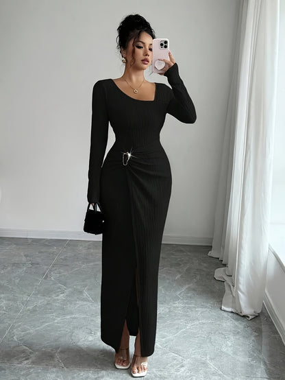 Women'S Solid Color Twisted Split Maxi Dress Asymmetrical Neck Slim Bodycon Fall Winter Elegant Fashion Dress