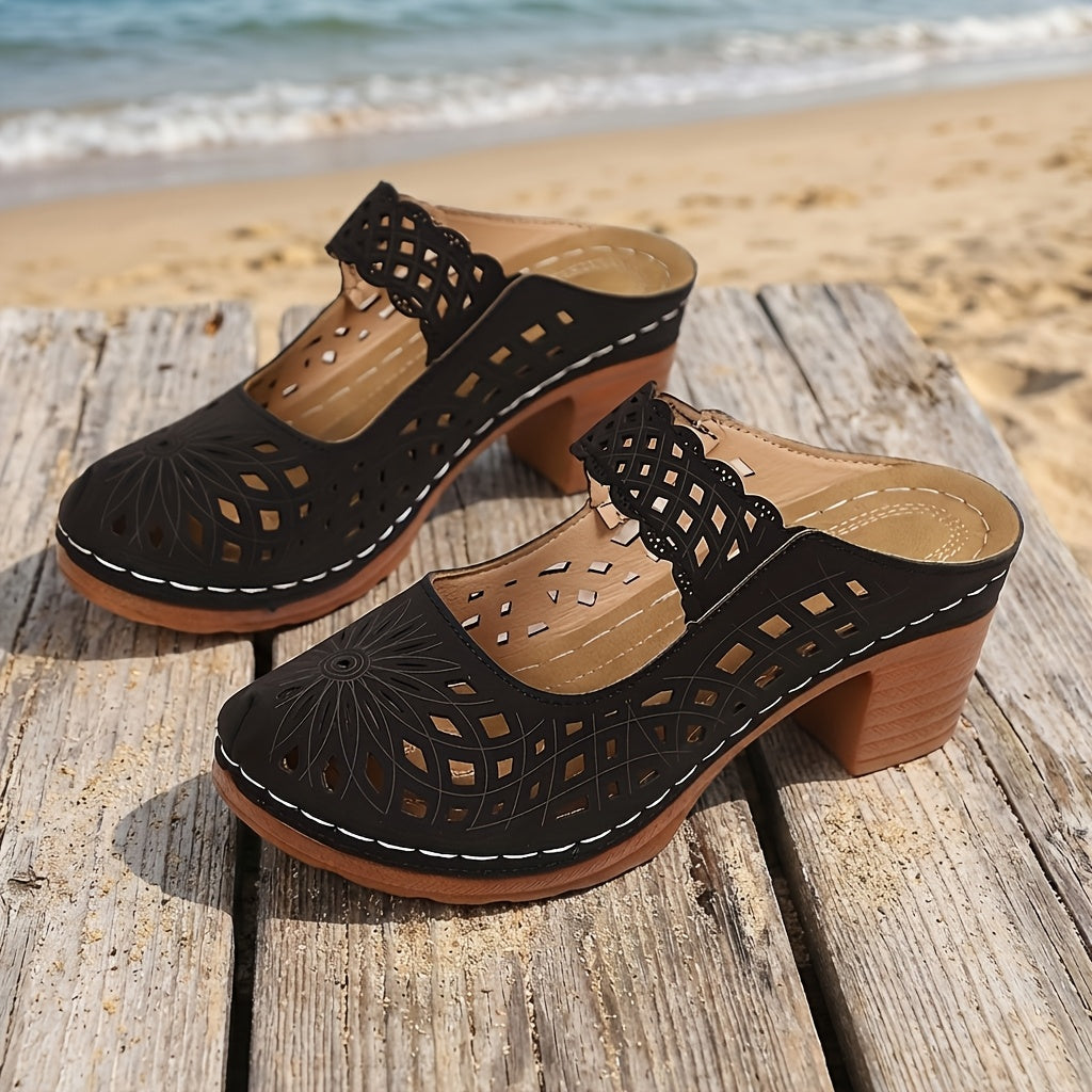 New Summer Women'S High Heel Sandals, Elegant Retro Openwork Breathable Design, Bonded Sewing Craftsmanship, Printed Strap One-Touch Slip-On Style, European And American Style Round Toe Chunky Heel, Back-To-School Season Women'S Shoes, Women Shoes