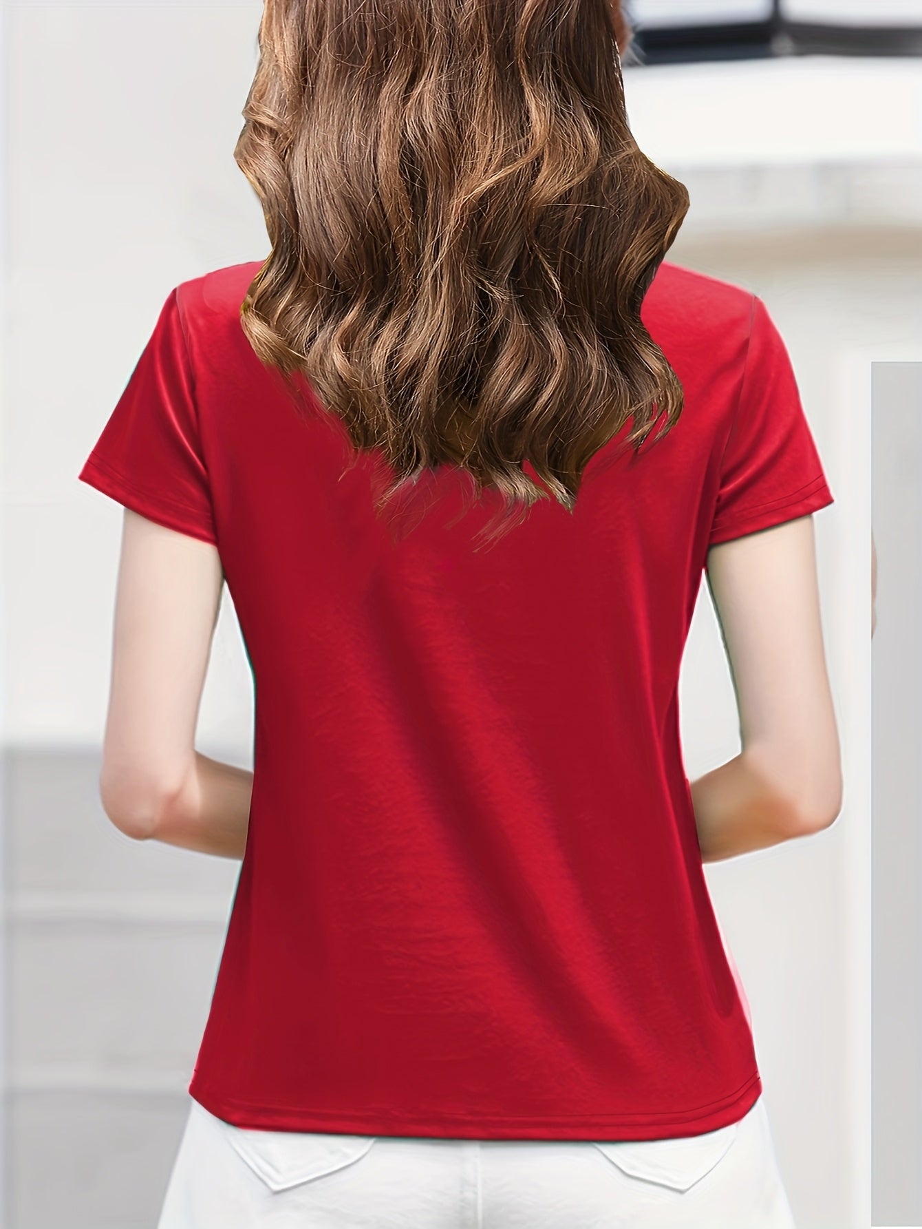 Women'S Casual V-Neck T-Shirt - Summer Short Sleeve Solid Color Top with Striped Collar & Waist Ribbon Detail, Machine Washable Regular Fit for Casual Attire, Comfortable Daily Tee, Stylish Ribon Detail, Smooth Fabric Tee