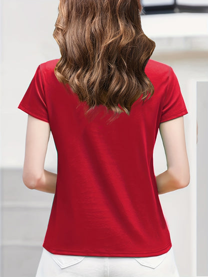 Women'S Casual V-Neck T-Shirt - Summer Short Sleeve Solid Color Top with Striped Collar & Waist Ribbon Detail, Machine Washable Regular Fit for Casual Attire, Comfortable Daily Tee, Stylish Ribon Detail, Smooth Fabric Tee