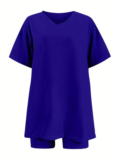 2pcs Set, Plus Size Women's Suit, Short Sleeve, Belted Waist, Top And Leggings