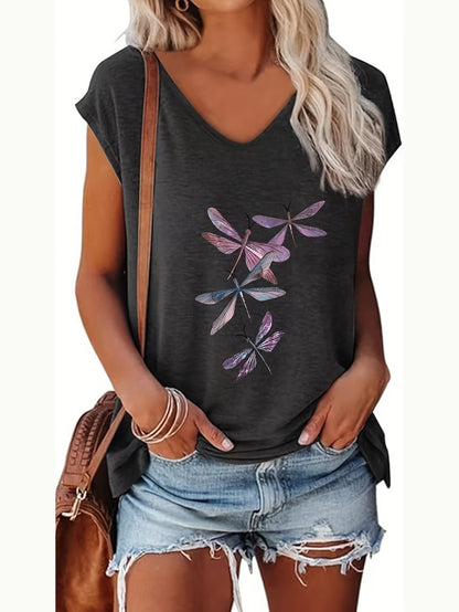 Sleeveless V-Neck Vest for Women Featuring a Dragonfly Print, Perfect for Spring And Summer Outdoor Fashion with a Natural Style And Made from Translucent Material
