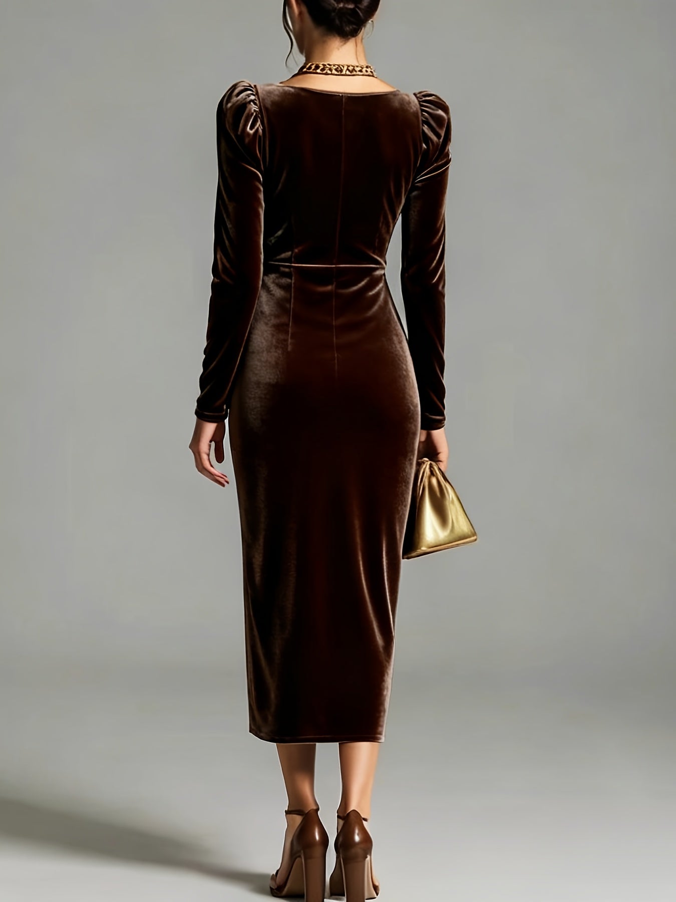 Women's 【Brown】 Polyester Ruffle V-Neck Dress - product view 22