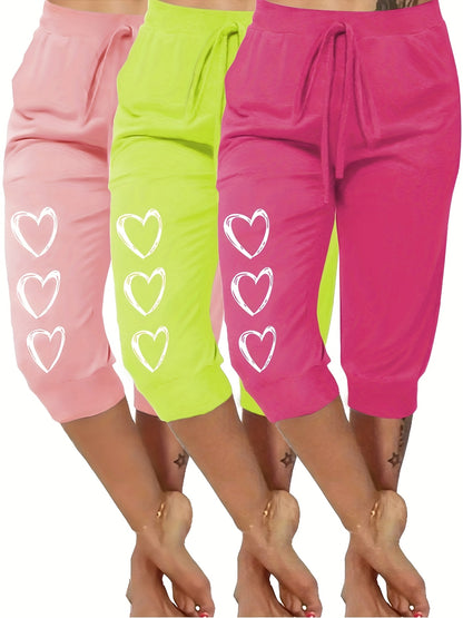 3pcs Women's Plus Size Capri Pants with Heart Print, Minimalist Casual Fit, Very Comfortable Loungewear