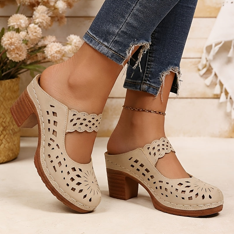 New Summer Women'S High Heel Sandals, Elegant Retro Openwork Breathable Design, Bonded Sewing Craftsmanship, Printed Strap One-Touch Slip-On Style, European And American Style Round Toe Chunky Heel, Back-To-School Season Women'S Shoes, Women Shoes