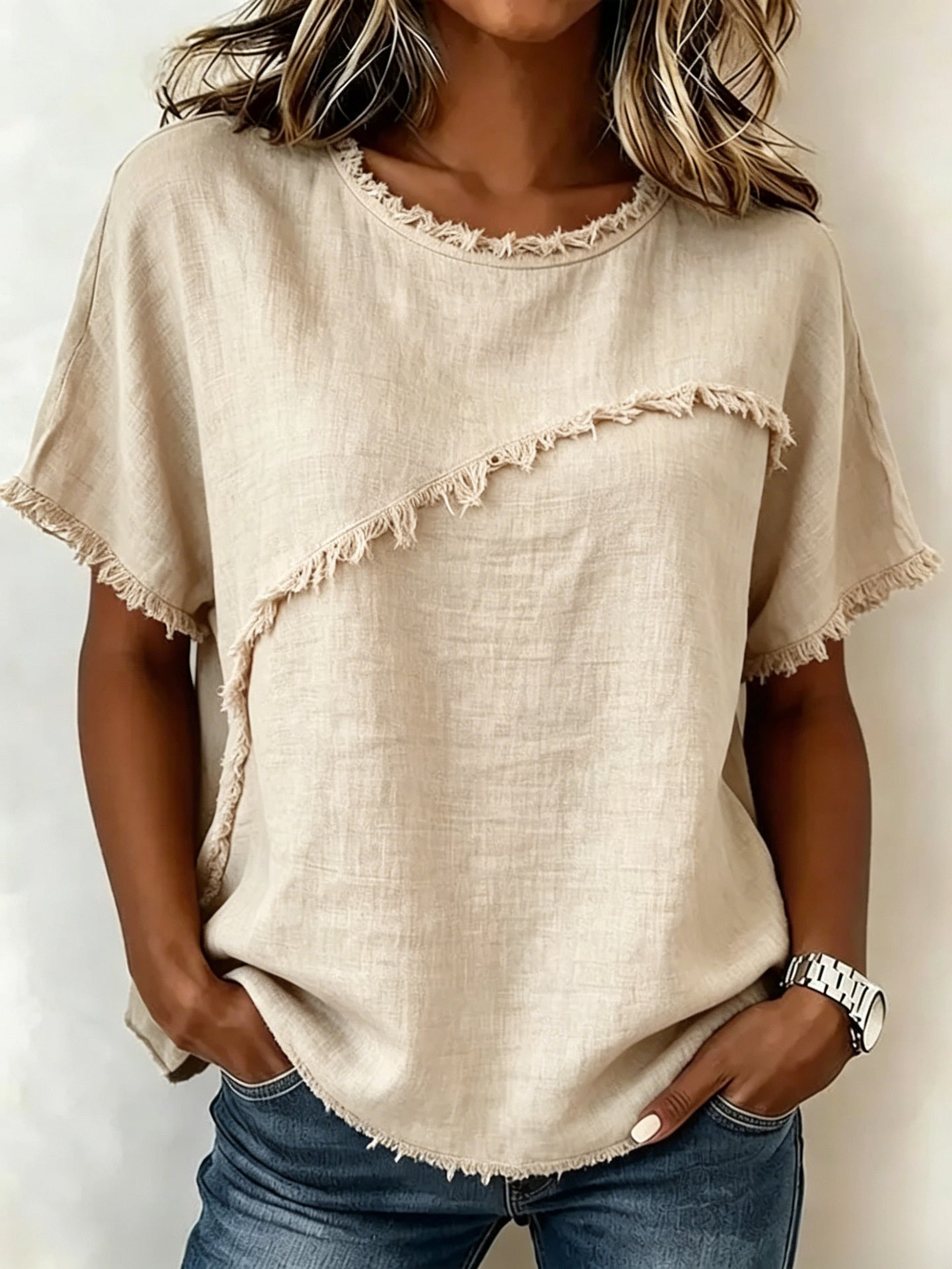 Spring/Summer 2026 New Round Neck Casual Fringed Panel Loose Short-Sleeved Top for Women