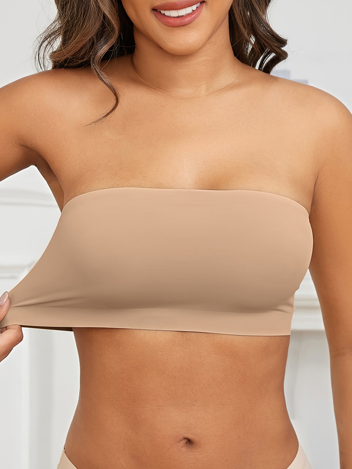 1pc ESSELEGANCE Seamless Wireless Bandeau Bra - Soft Nylon & Elastane Blend, No-Show Design, Beige/Nude, Comfortable Stretch Fit for Casual Attire