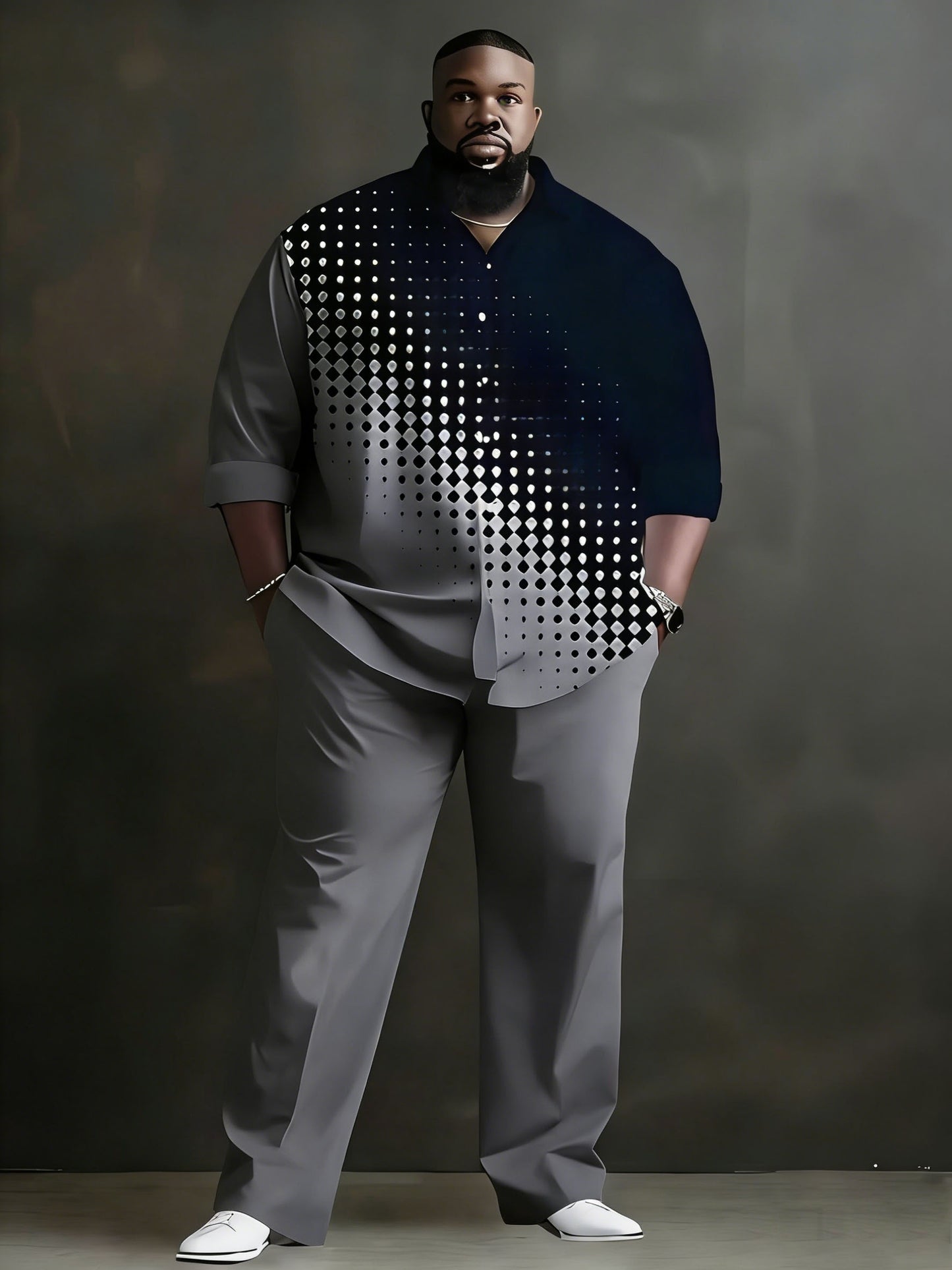 2pcs Set- Plus-size Men's Long-sleeved Shirt and Trousers Set, Yellow and Black Contrast Stitching, Polka Dot Print, Local Warehouse, Suitable for All Seasons, Suitable for Leisure, Parties, Festivals, Daily Office Use, Wrinkle-resistant Polyester