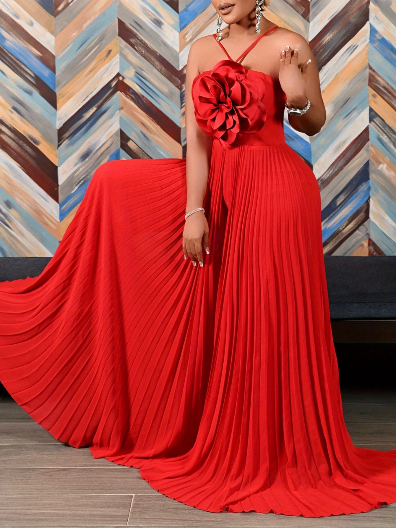 Plus Size - Plus Size - New Women'S European And American Summer Hanging Neck Three-Dimensional Flower Solid Color Wide Leg Plus Size Foreign Trade Jumpsuit
