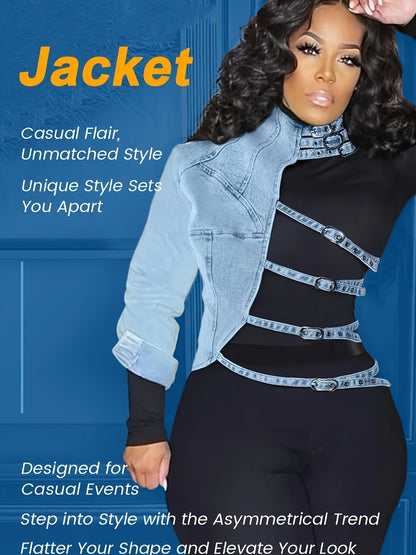 Women'S Casual Denim Jacket, Patchwork Denim Top, Asymmetric Irregular Denim One-Shoulder Short Design