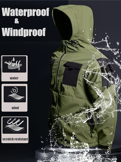 Men's Fleece-Lined Softshell Tactical Winter Jacket with Zip-Up Hooded Coat, Multiple Pockets & Lining - Outdoor Skiing, Hiking, Camping Workwear - Machine Washable Warm Fall/Winter Gear for Cold Weather Activities (Polyester)