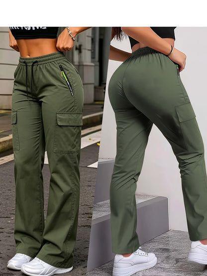 2-pack of Women'S Multi-pocket Slim Cargo Pants, Drawstring Zip Pocket Design, Straight Leg Casual Trousers, Suitable for Outdoor Sports, Everyday Wear, and Dates.